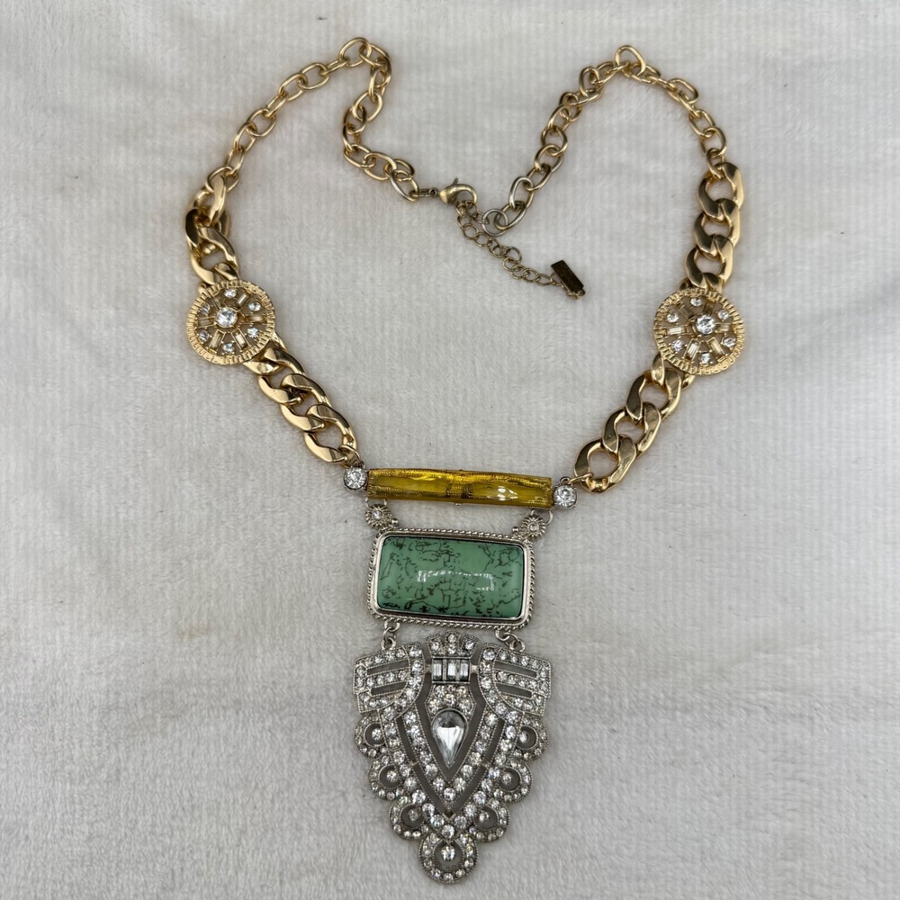 BaubleBar Statement Necklace Gold Tone Green Amber Art Deco Revival Crystal 25"